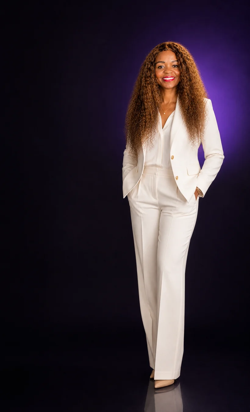 Paulette Fotsing, en tailleur blanc, debout devant un fond violet